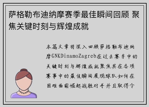萨格勒布迪纳摩赛季最佳瞬间回顾 聚焦关键时刻与辉煌成就 萨格勒布迪纳摩赛季最佳瞬间回顾 聚焦关键时刻与辉煌成就